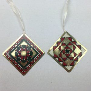 Set 2 Metal Patchwork Quilt Christmas Tree Hanging Ornaments Holiday Home Decor